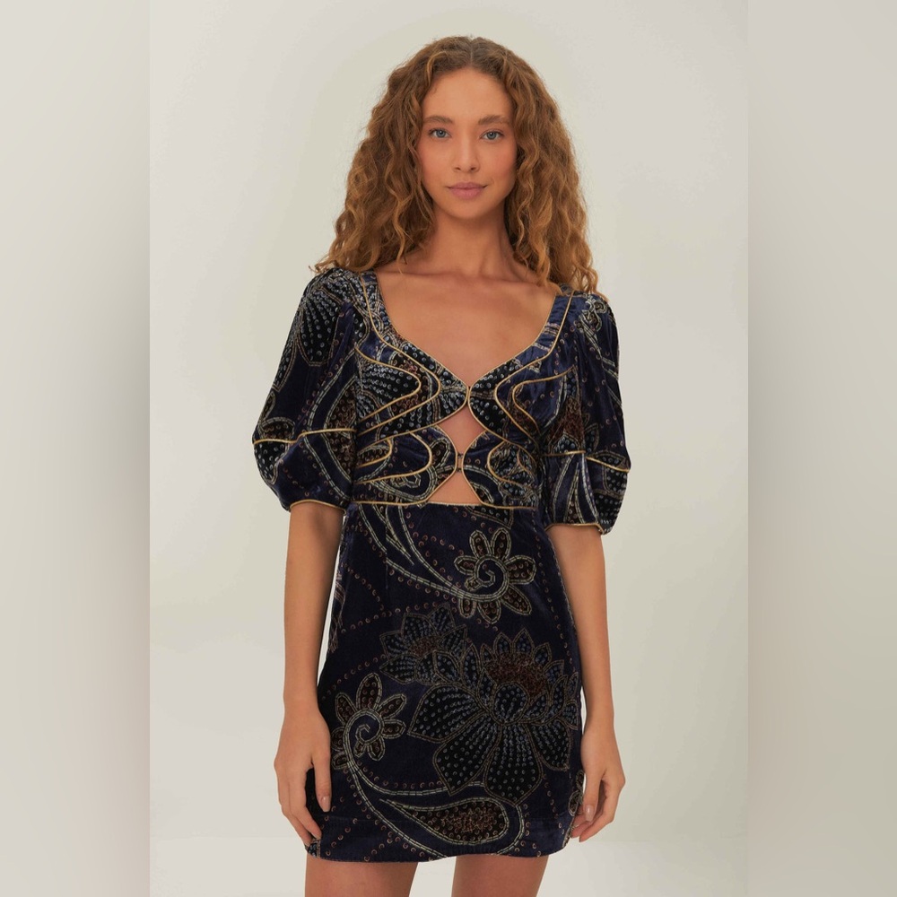 NWT Farm Rio Blue Floral Glam Scarf Velvet Mini Dress S